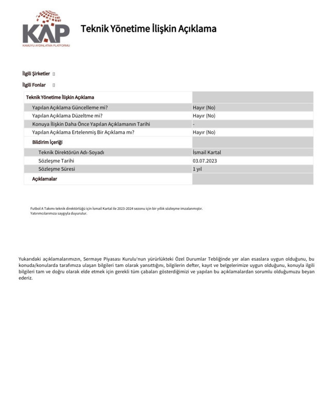 Fenerbahçe, İsmail Kartal'ı KAP'a bildirdi - Resim: 0