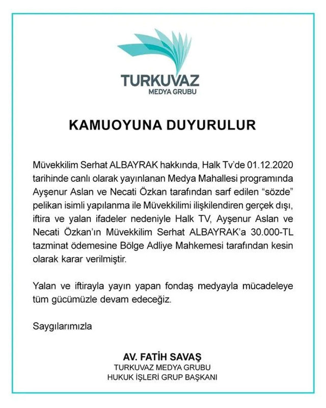 Halk TV ve Ayşenur Arslan, Serhat Albayrak'a tazminat ödeyecek - Resim: 0