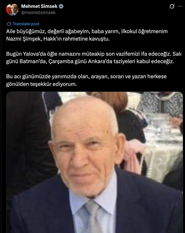 Bakan Mehmet Şimşek'in acı günü! Nazmi Şimşek hayatını kaybetti: Cenaze programı açıklandı - Resim: 0
