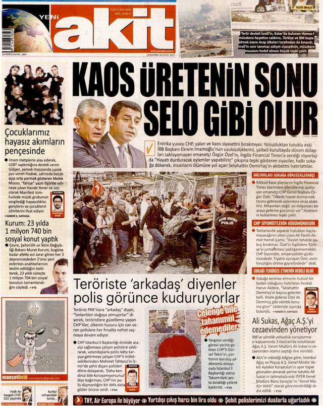 Yeni Akit'ten Özgür Özel manşeti: Kaos üretenin sonu Selo gibi olur - Resim: 0