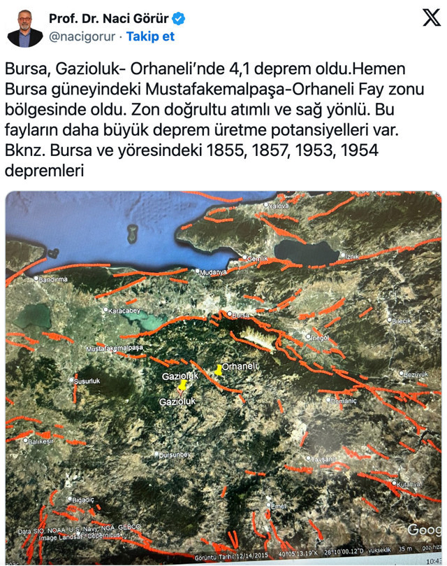 Bursa'da deprem oldu, Prof. Dr. Naci Görür fay hatlarını işaret ederek uyardı - Resim: 0