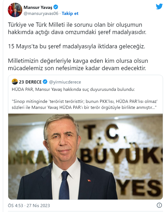 HÜDA PAR, Mansur Yavaş hakkında suç duyurusu yaptı! Mansur Yavaş, 'Şeref Madalyası' dedi - Resim: 0