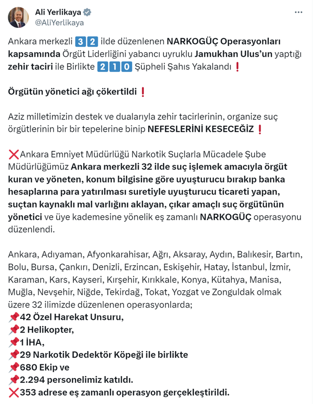 Ali Yerlikaya açıkladı! Konum bilgisi isteyip uyuşturucu dağıtan çete çökertildi! 210 kişi gözaltında - Resim: 0
