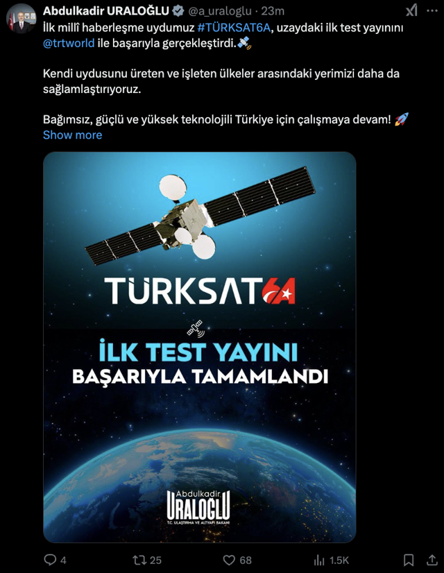 Bakan Uraloğlu, Türksat 6A'nın uzaydaki ilk test yayınını tamamlamasını değerlendirdi - Resim: 0