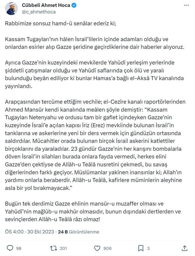 Cübbeli Ahmet Hoca'dan son dakika haberler! Allah'a şükür Hamas yeni esirler alıp Gazze'ye götürdü - Resim: 0