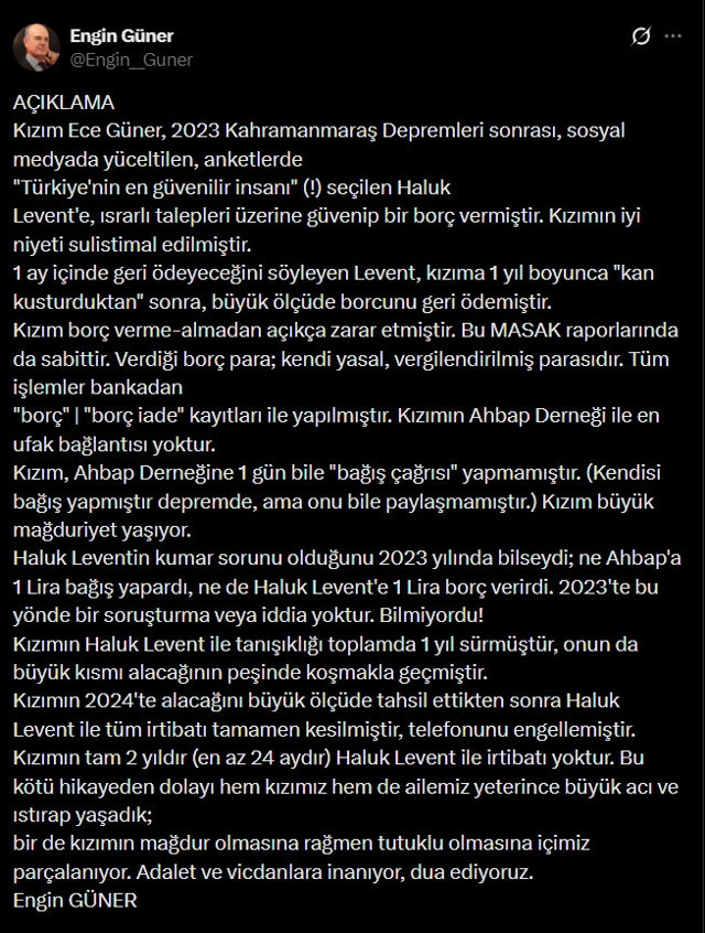Ece Güner'in babasından açıklama: Kızım Haluk Levent'e kişisel borç verdi - Resim: 0
