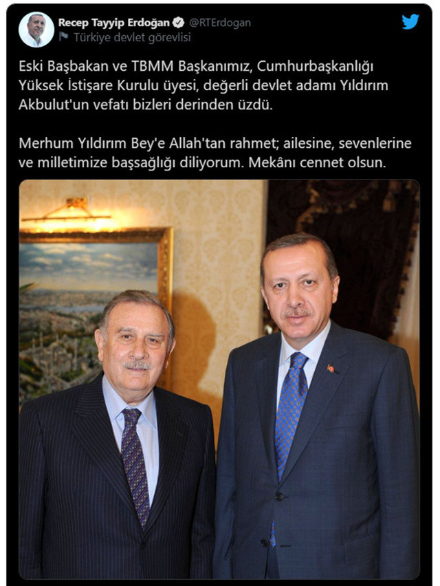 Cumhurbaşkanı Erdoğan'dan vefat eden Yıldırım Akbulut için taziye mesajı - Resim: 0