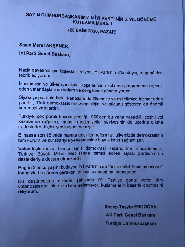 İyi Parti’nin 3. yıl kutlamasına davet edilen Erdoğan mesaj yolladı - Resim: 0