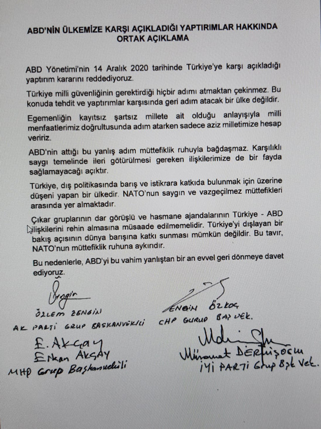 Türkiye tek yürek oldu! Meclis'teki 4 siyasi partiden S-400 yaptırımlarına ortak tepki - Resim: 0