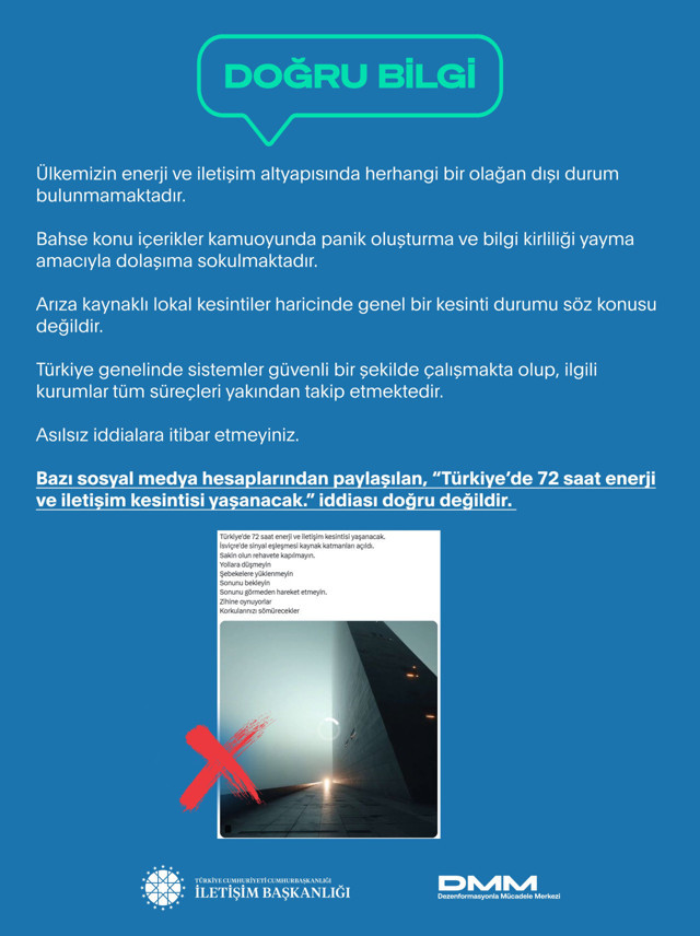 "Türkiye'de 72 saat enerji ve iletişim kesintisi yaşanacak" iddiası! DMM'den açıklama - Resim: 0