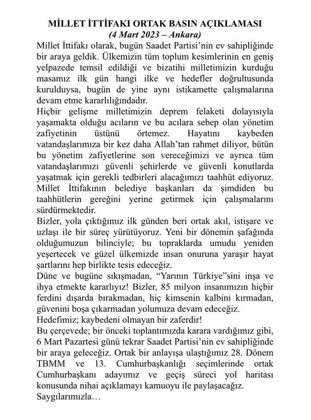 Millet İttifakı'ndan 5 lider yazılı açıklama yaptı - Resim: 0