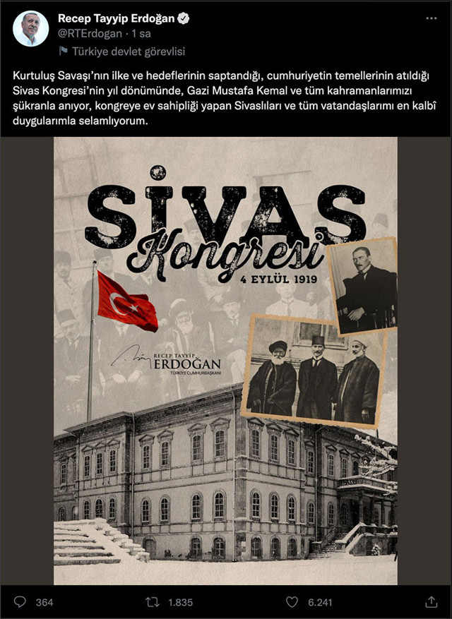 Cumhurbaşkanı Erdoğan'dan Sivas Kongresi'nin 103. yıl dönümü mesajı - Resim: 0
