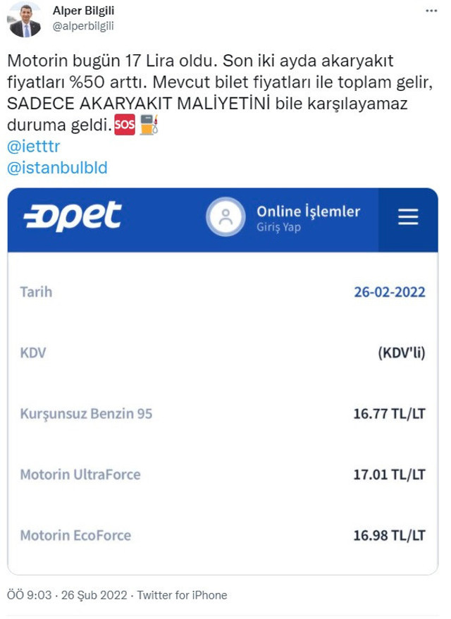 İETT Genel Müdürü Alper Bilgili benzine 1.61 TM, motorine 1.51 TL4lik zamlara isyan etti - Resim: 0