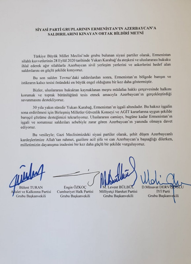 Son dakika TBMM'de 4 partiden ortak Azerbaycan bildirisi! HDP tabii ki imzalamadı - Resim: 0