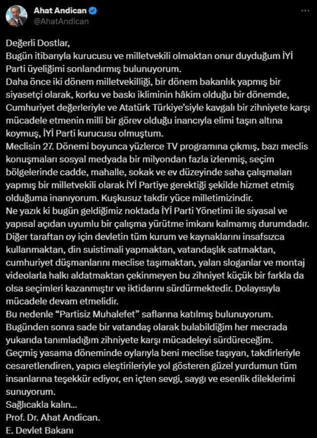 İYİ Parti'nin kurucularından Ahat Andican istifa ettiğini duyurdu - Resim: 0