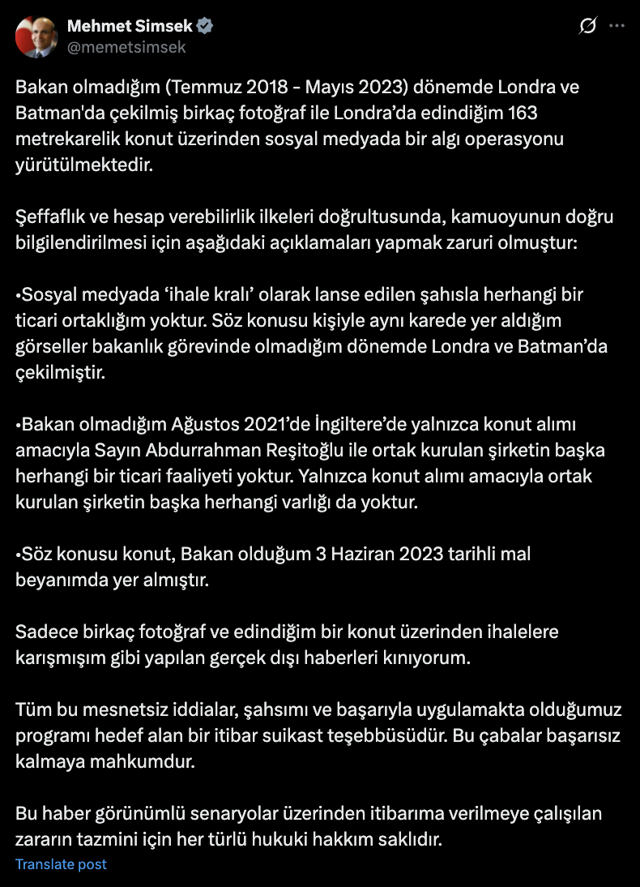Bakan Mehmet Şimşek hakkındaki iddialara yanıt verdi: 'İhale kralı' ile ortaklığım yok - Resim: 0