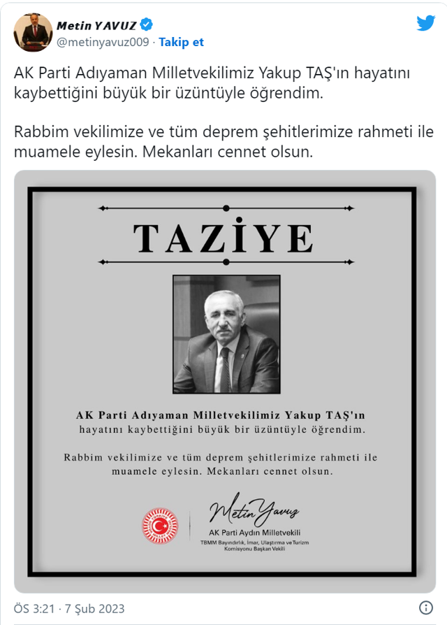 AK Parti milletvekili Yakup Taş depremde enkaz altında kalarak öldü! Acı haberi böyle duyurdu - Resim: 0