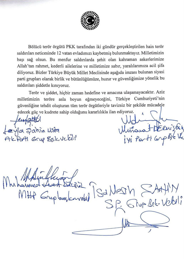 TBMM'de 4 partiden 12 askerin şehit olduğu terör saldırılarıyla ilgili ortak bildiri - Resim: 1