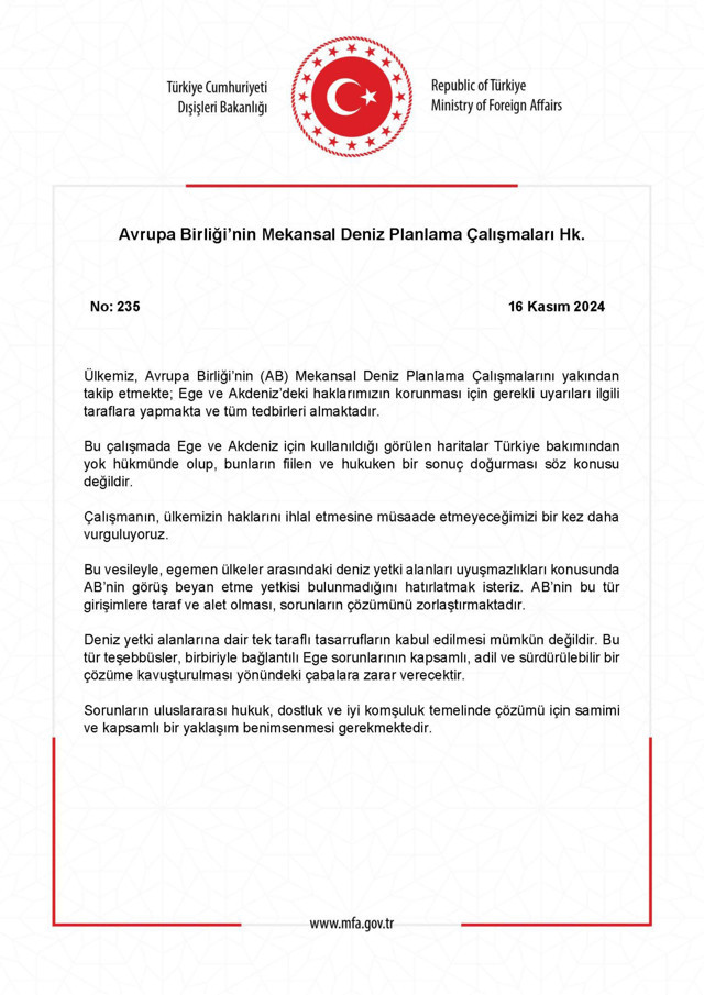 Türkiye'den AB'nin Mekansal Deniz Planlama çalışmalarına tepki: "Haritalar yok hükmündedir" - Resim: 0
