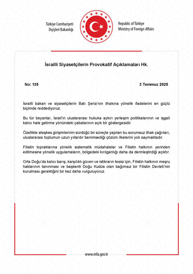 Türkiye'den İsrail'e Batı Şeria tepkisi: "En güçlü biçimde reddediyoruz" - Resim: 0