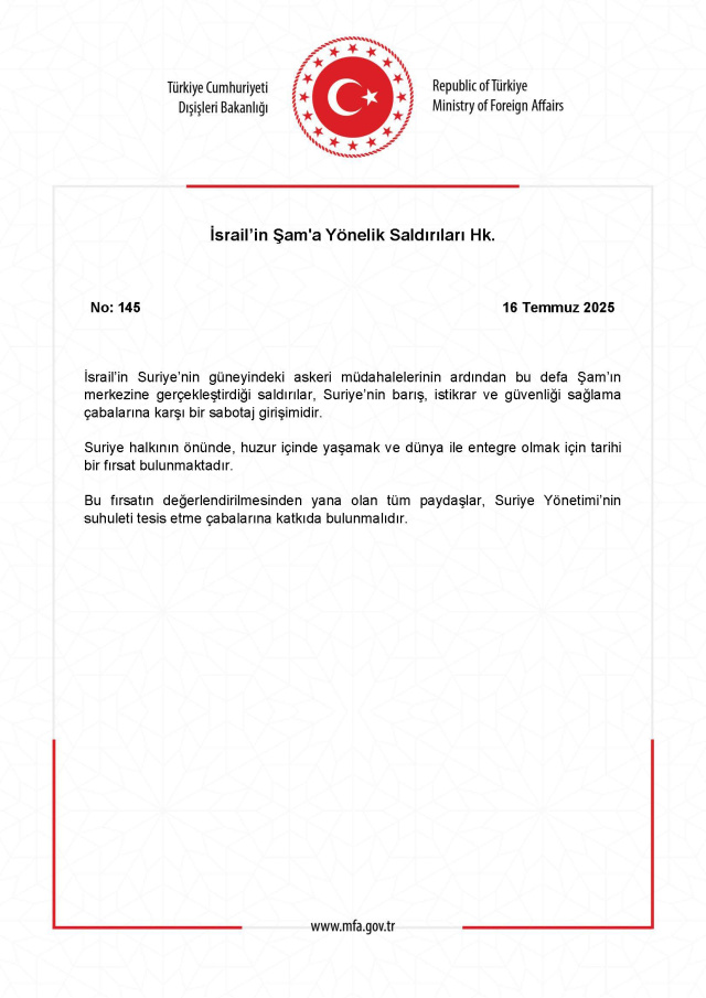 Dışişleri Bakanlığı'ndan İsrail'in Şam'a yönelik saldırılarına tepki - Resim: 0
