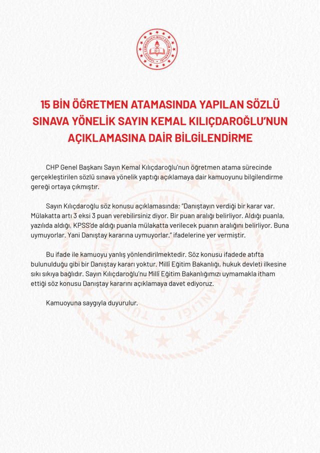 Milli Eğitim Bakanlığı'ndan Kemal Kılıçdaroğlu'nun mülakatlarla ilgili iddialarına açıklama - Resim: 0