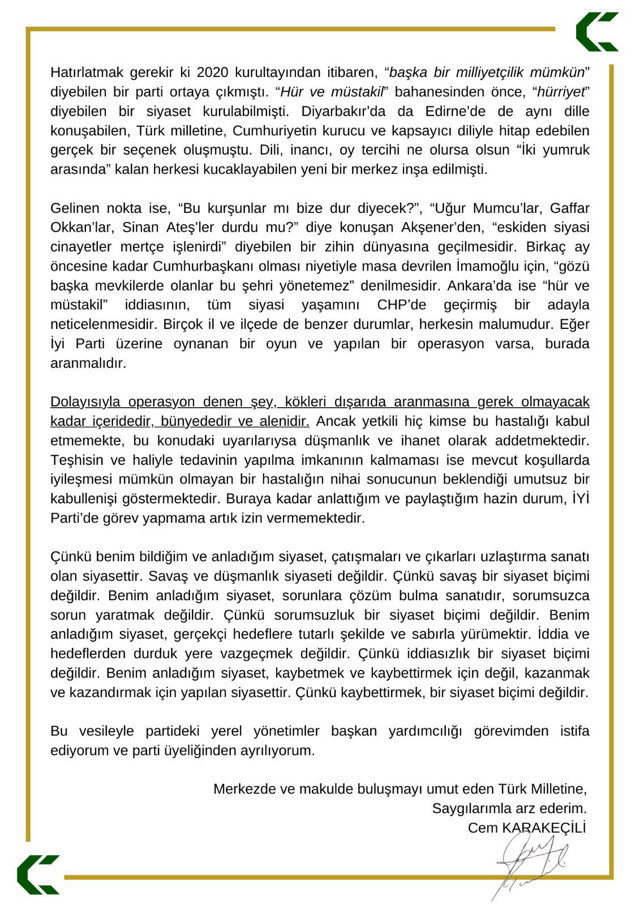 İYİ Parti’de bir üst düzey istifa daha!  Cem Karakeçili: Meral Akşener en iyi bildiğini var saydığımız  notalara da sürekli yanlış basıyor - Resim: 1