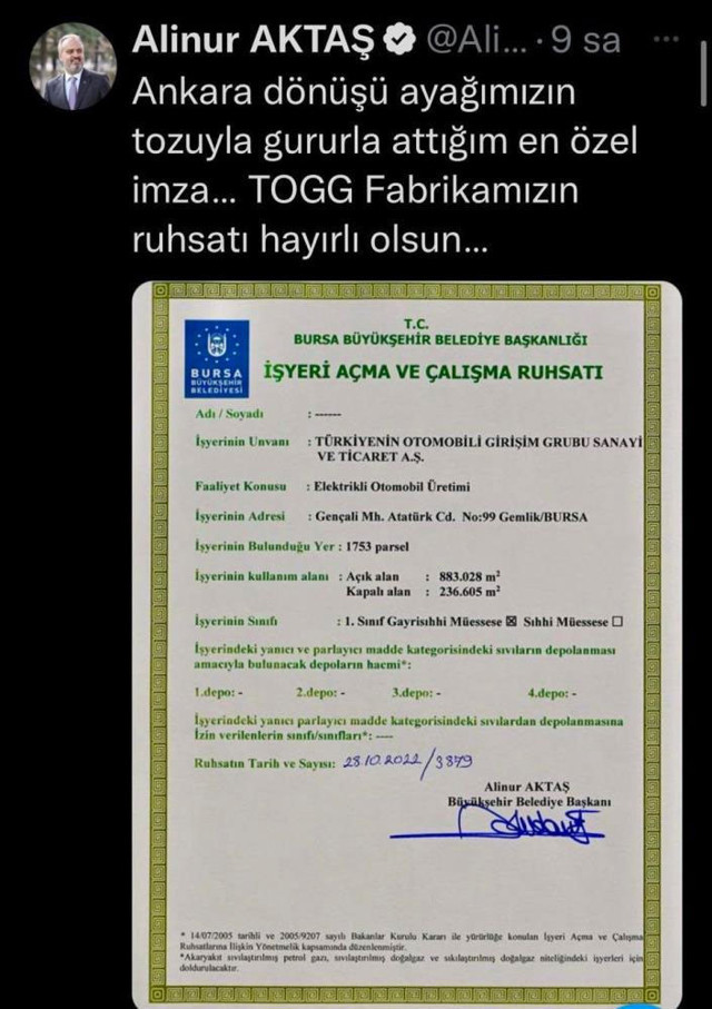 TOGG tesislerinin ruhsatı çıktı Başkan Alinur Aktaş: Gururla attığım en özel imza - Resim: 0