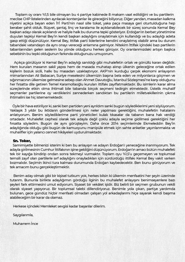Muharrem İnce'den 'adaylıktan çekil' çağrısı yapan Cem Toker'e mektup - Resim: 1