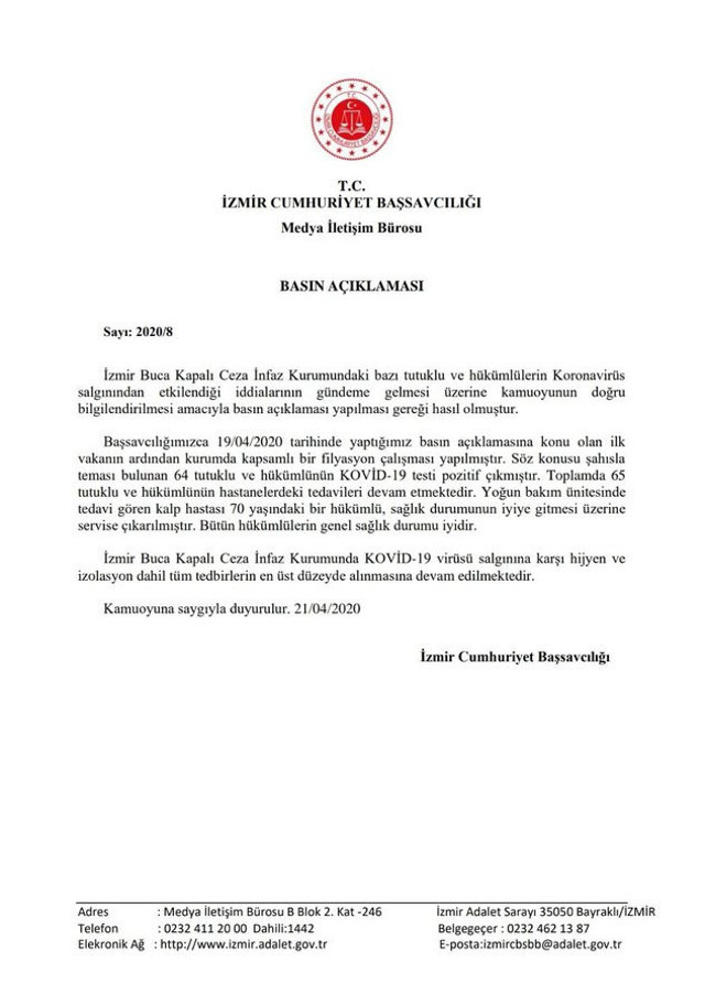 İzmir Buca Cezaevi’nde 64 tutuklu ve hükümlü koronavirüs testi pozitif çıktı - Resim: 0