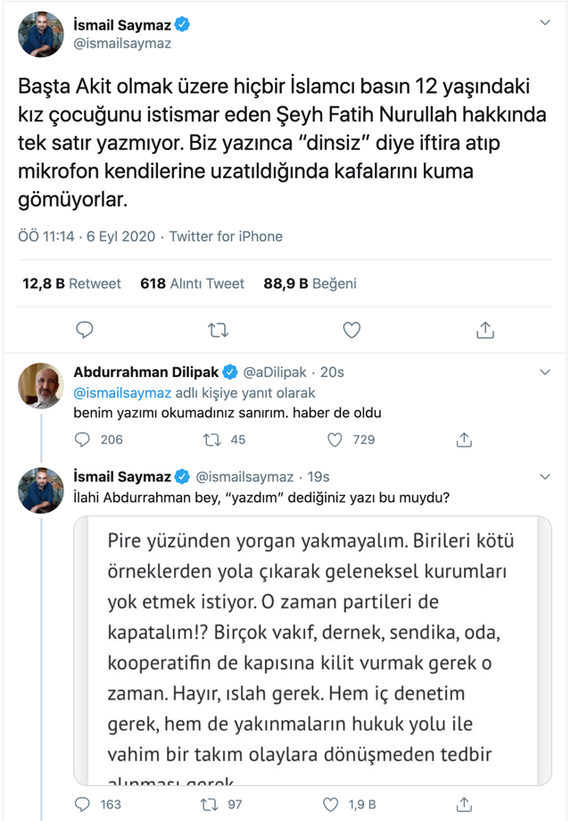 İsmail Saymaz ile Abdurrahman Dilipak cinsel tacizci Uşşaki şeyhi için birbirine girdi! - Resim: 0