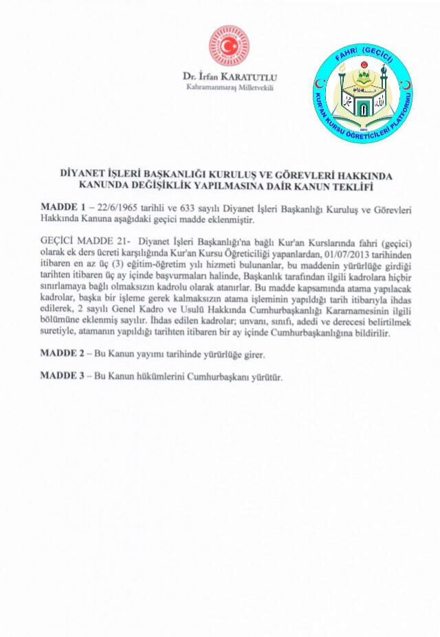Deva Partili Karatutlu'dan fahri Kur'an Kursu öğreticilerine kadro için kanun teklifi - Resim: 0