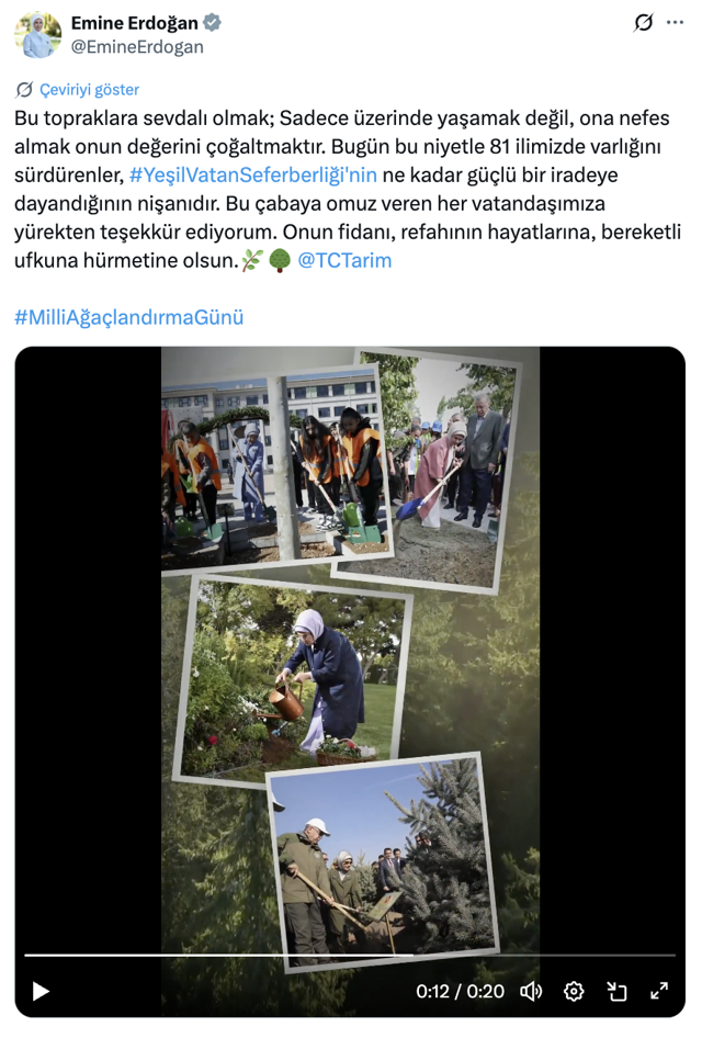 Emine Erdoğan'dan "11 Kasım Milli Ağaçlandırma Günü" paylaşımı - Resim: 0