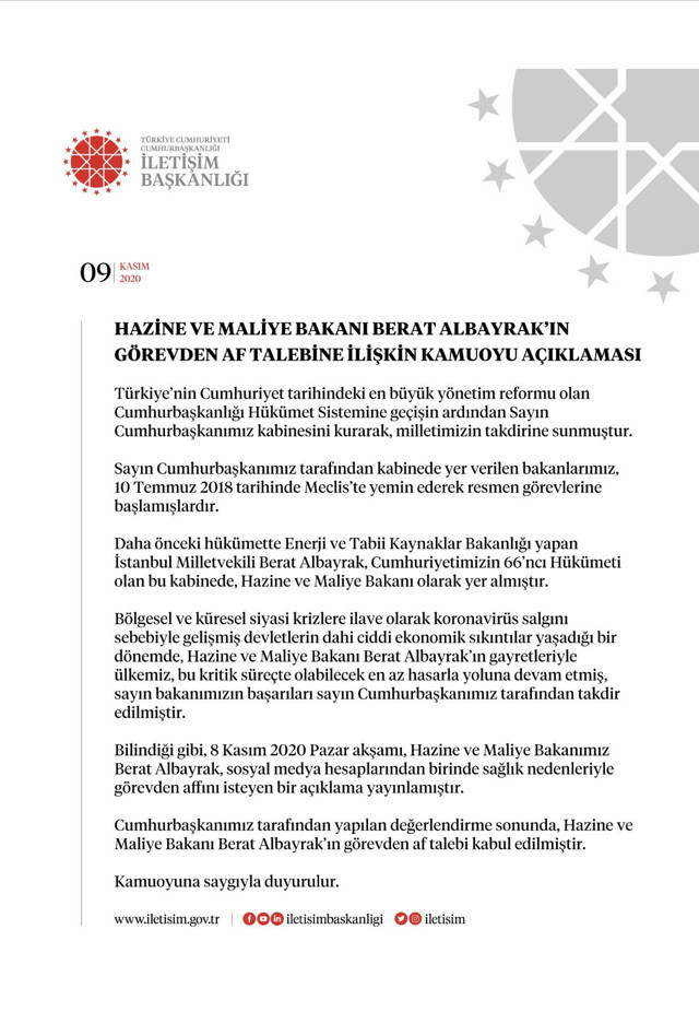 Berat Albayrak'ın istifasını Cumhurbaşkanı Erdoğan kabul etti! İşte açıklama - Resim: 0