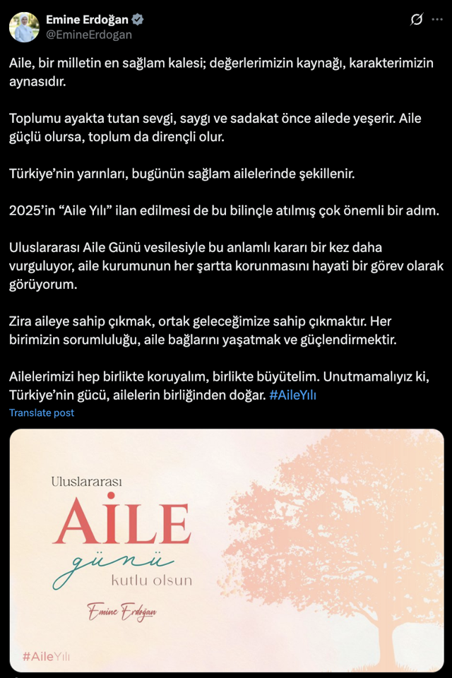 Emine Erdoğan'dan Uluslararası Aile Günü'ne ilişkin paylaşım - Resim: 0