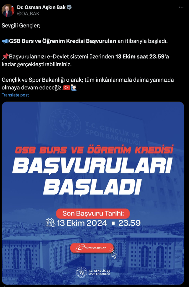 Bakan Bak duyurdu: GSB burs ve öğrenim kredisi başvuruları başladı - Resim: 0