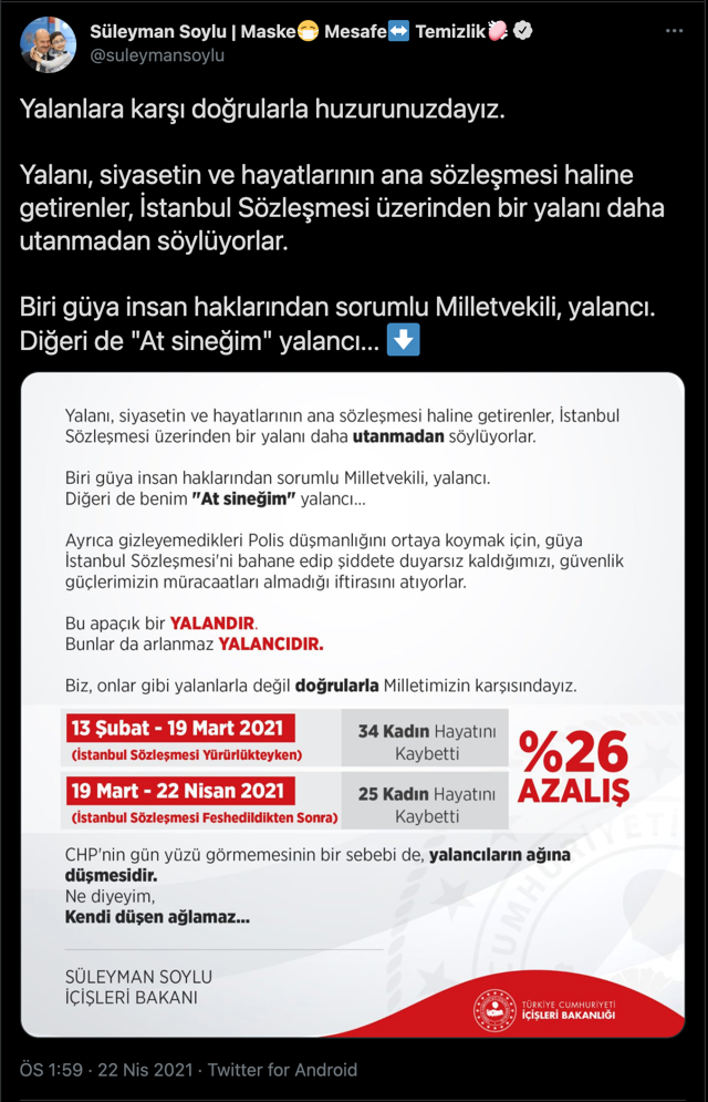 İçişleri Bakanı Süleyman Soylu: İstanbul Sözleşmesi feshedildi, kadın cinayetleri azaldı - Resim: 0