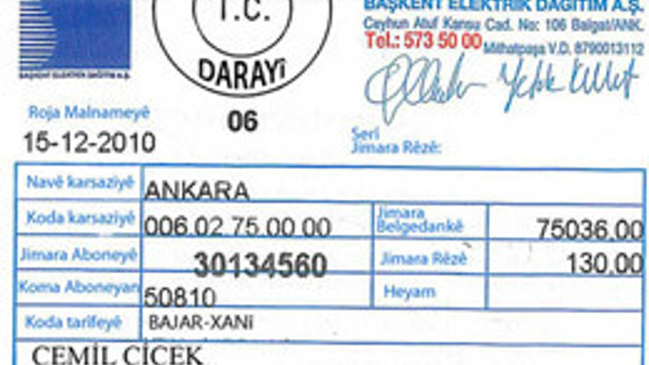Cemil Çiçek'e Kürtçe elektrik faturası
