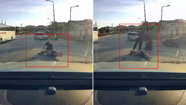 Eşini taciz eden adamı sokak ortasında tekme tokat dövdü!