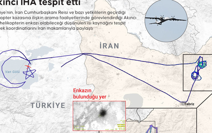 Reisi'nin bulunduğu helikopter enkazını bulan Akıncı İHA Türkiye'ye döndü ay yıldız rotası çizdi