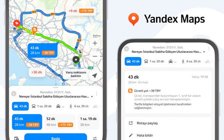 Yandex Maps yeni geliştirdiği özelliğiyle güzergah boyunca yol ücretlerini gösteriyor