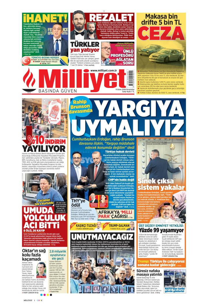 Gazete manşetleri 11 Ekim 2018 Sözcü - Posta - Milliyet - Hürriyet - Resim: 4