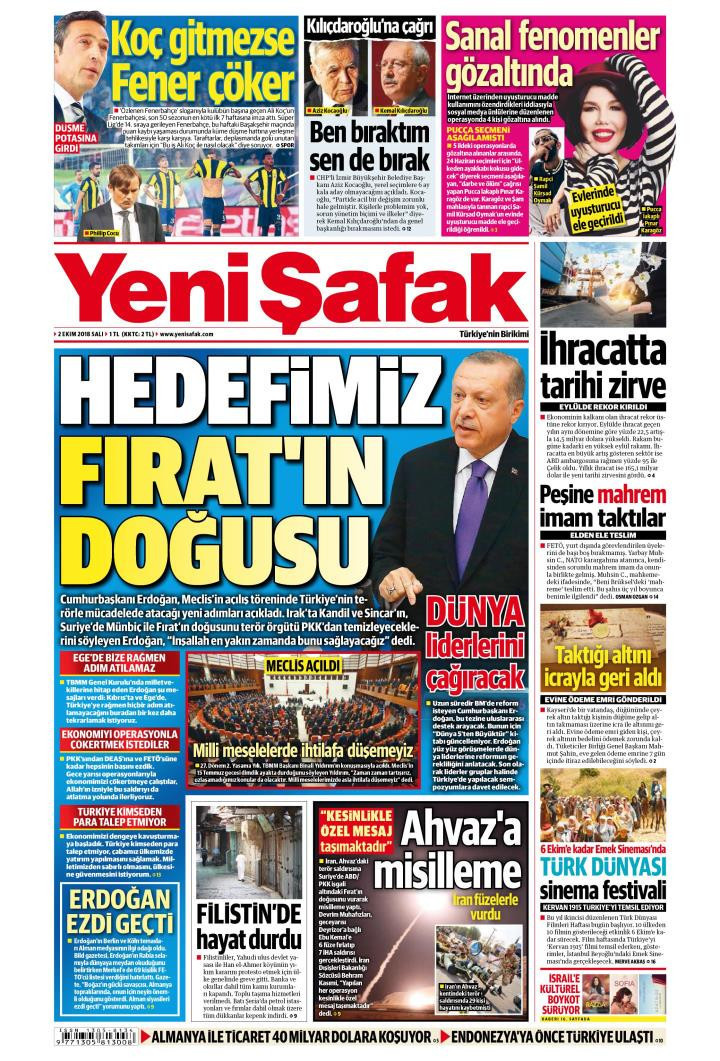 Gazete manşetleri 2 Ekim 2018 Sabah - Hürriyet - Sözcü - Milliyet - Resim: 1