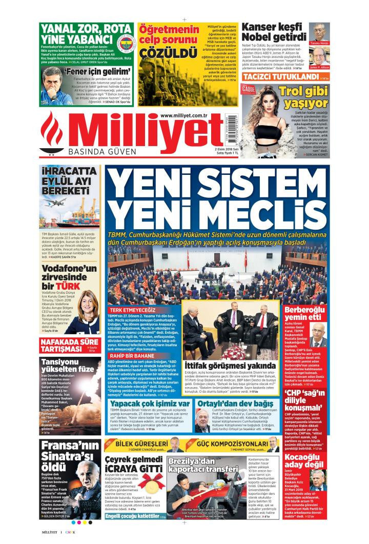 Gazete manşetleri 2 Ekim 2018 Sabah - Hürriyet - Sözcü - Milliyet - Resim: 4