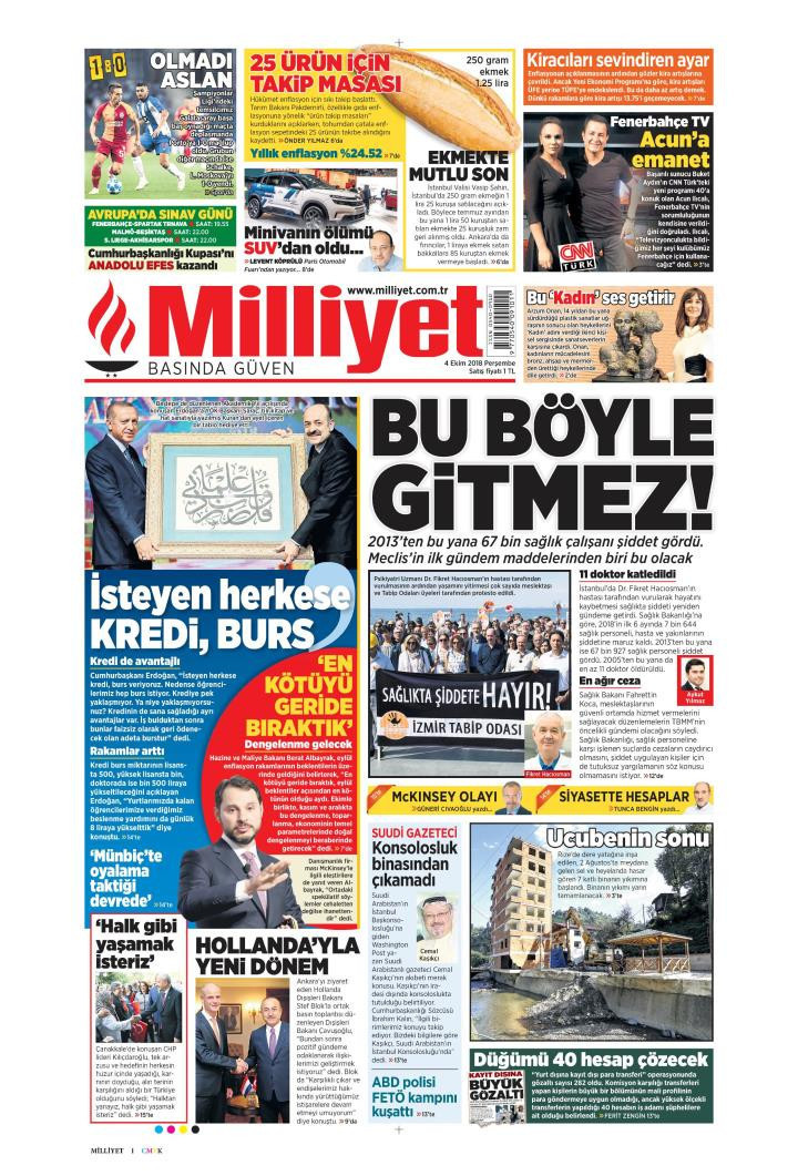 Gazete manşetleri 4 Ekim 2018 Sabah - Yeni Şafak - Hürriyet - Milliyet - Resim: 4