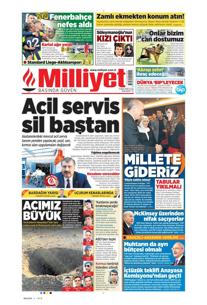 Gazete manşetleri 5 Ekim 2018 Sözcü - Hürriyet - Posta - Milliyet - Resim: 4