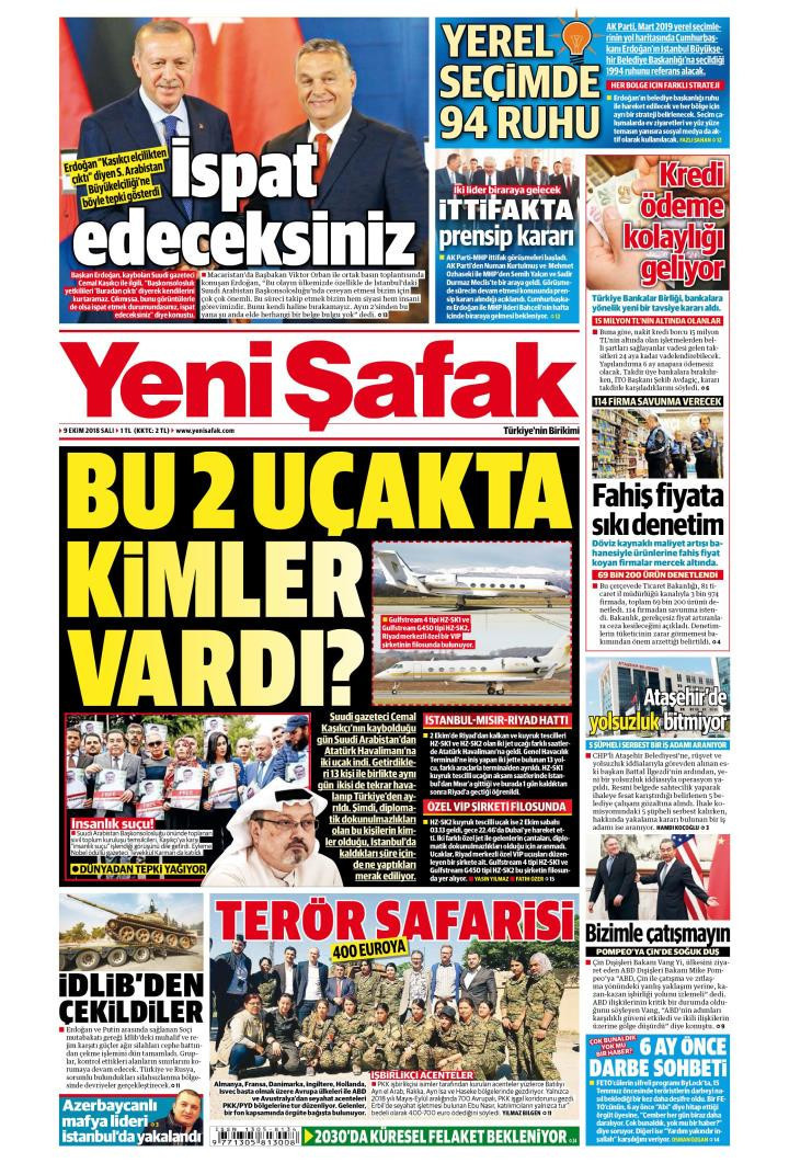 Gazete manşetleri 9 Ekim 2018 Sabah - Hürriyet - Sözcü - Milliyet - Resim: 1