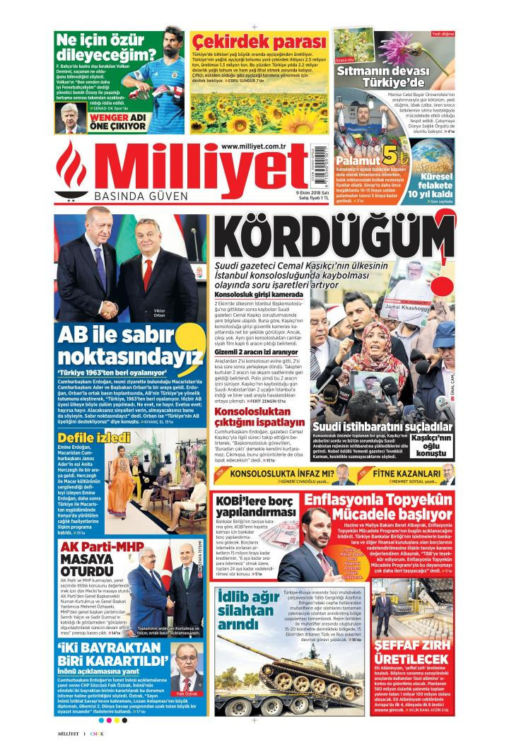 Gazete manşetleri 9 Ekim 2018 Sabah - Hürriyet - Sözcü - Milliyet - Resim: 4