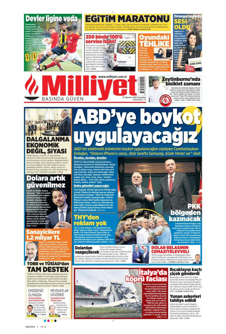Gazete manşetleri 15 Ağustos 2018 Milliyet - Sabah - Yeni Şafak - Hürriyet - Resim: 4