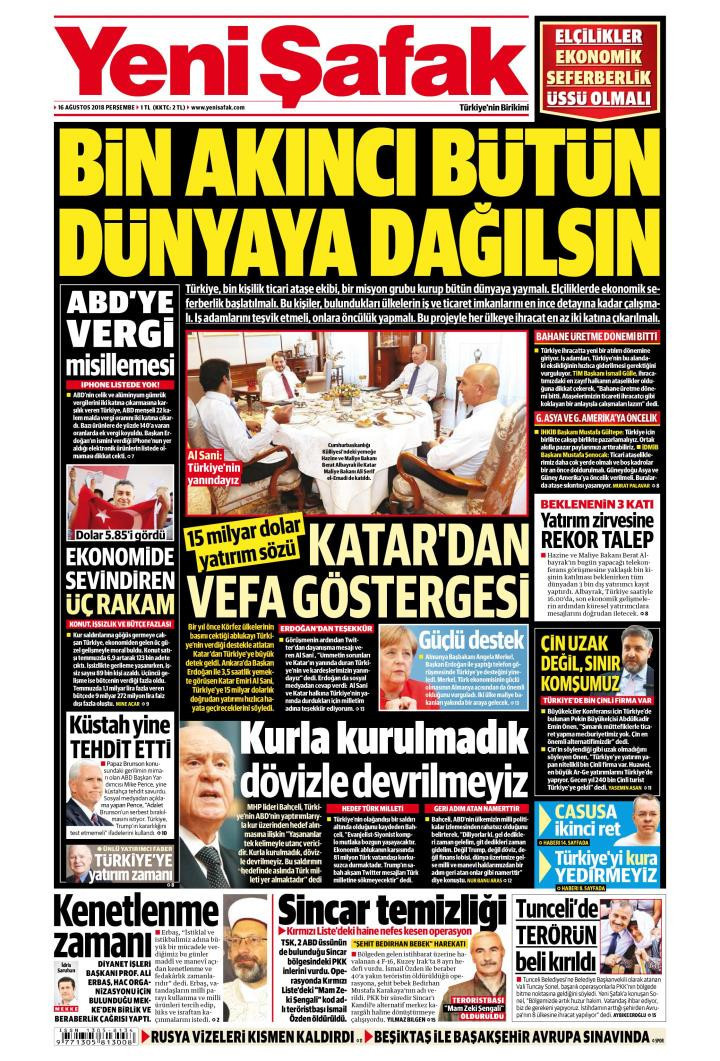 Gazete manşetleri 16 Ağustos 2018 Sabah - Yeni Şafak - Hürriyet - Sözcü - Resim: 1